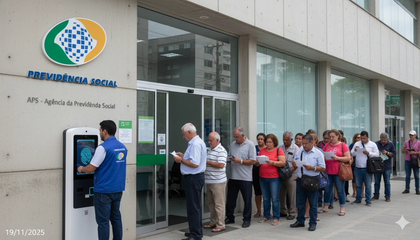 Beneficiário do INSS realizando cadastro biométrico em terminal digital