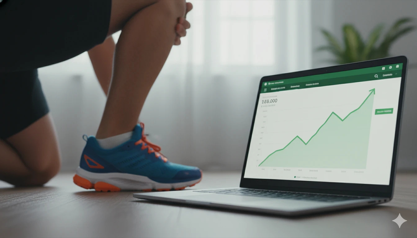 Pessoa correndo enquanto analisa gráficos financeiros