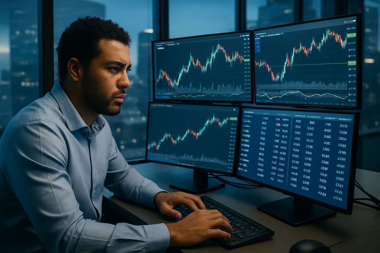 Telas digitais na bolsa de valores mostrando gráficos do Ibovespa em alta e câmbio em queda