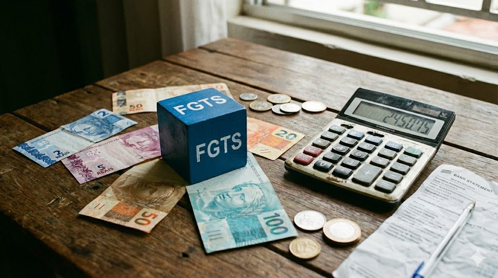 Carteira de trabalho e notas de dinheiro representando o FGTS