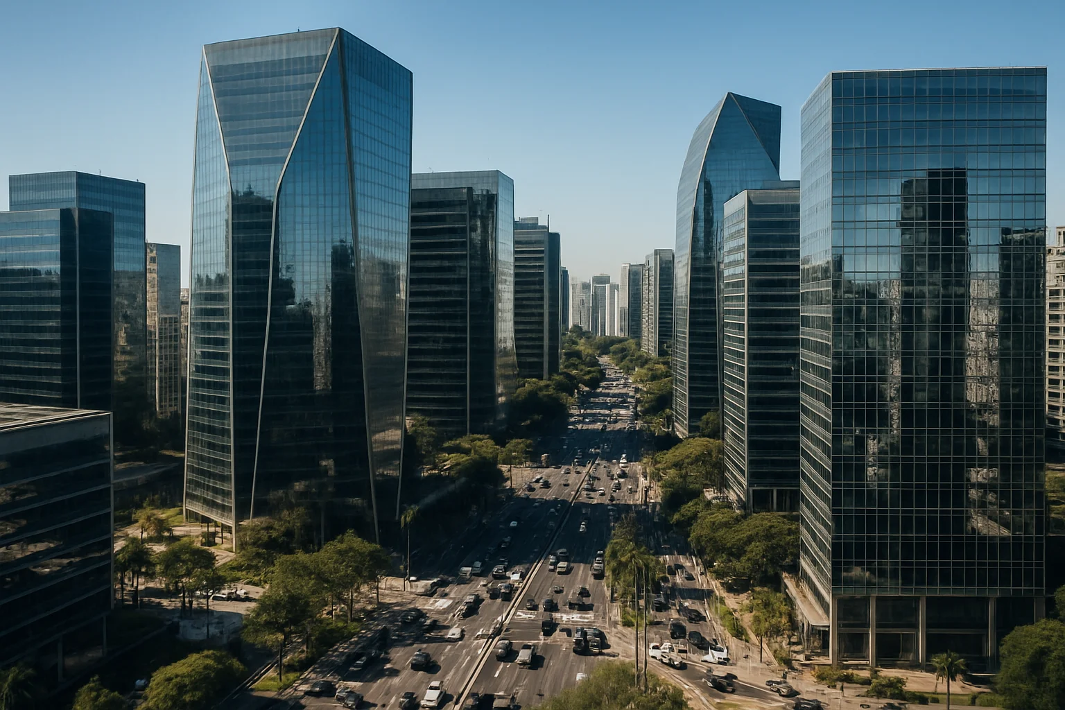 Vista aérea do centro financeiro de São Paulo representando o crescimento econômico do Brasil em 2025